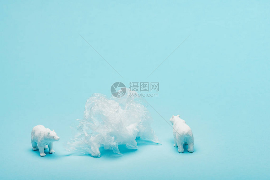 带塑料袋的玩具北极熊蓝底动物福利概图片