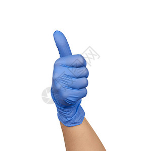 戴蓝色医用手套的女手表现出右手势图片