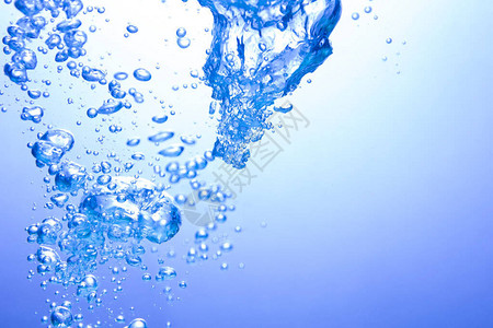 新鲜的蓝色水溅与气泡天然水背景图片