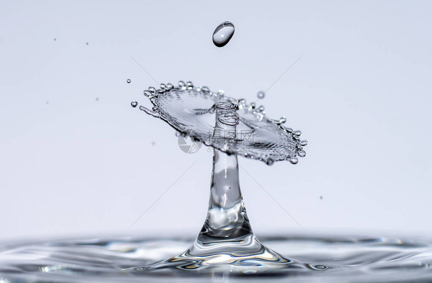 水滴从纯净清澈的水高度落下图片