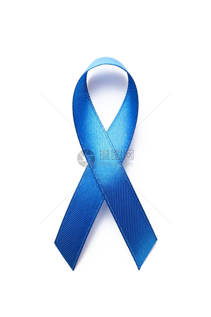 白色背景上的蓝丝带癌症意识概念图片