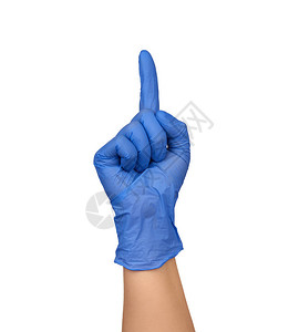 戴蓝色医用无菌手套的女手显示手势图片