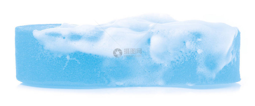 海绵与泡沫肥皂泡沫隔离在白色背景图片