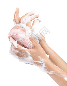 用肥皂和海绵洗手将白图片