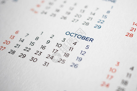 带有月份和日期的10月日历页面图片