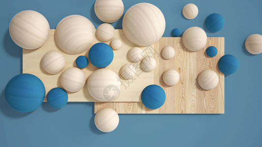 最小的蓝色背景复制空间木板切菜板球体木头泡沫室内设计图片