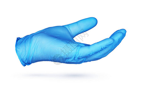手持蓝色硝酸盐保护手套或显示白色背景的孤立物图片