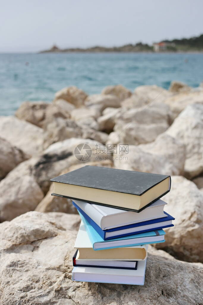 海边岩石上的书图片