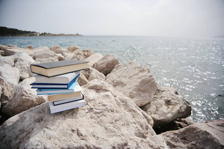 海边岩石上的书图片