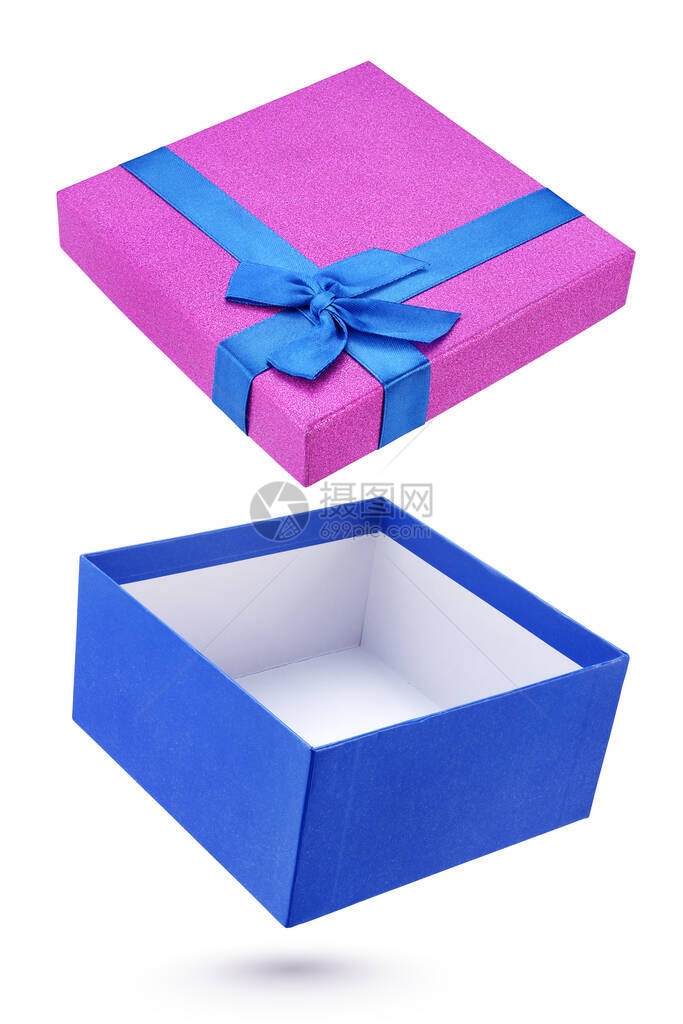 开放的蓝色和紫色礼品盒在白背景与图片