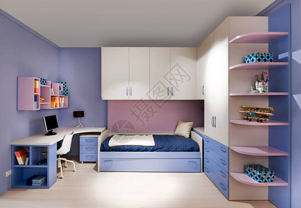 时尚的蓝色和紫色青少年卧室内有置壁橱柜和架子单层式图片