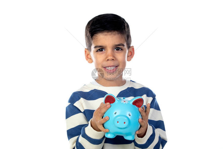 有一只小猪银行的有趣的孩子白图片