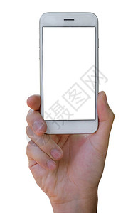 手持智能手机的人用空白的屏幕孤立在白色背图片