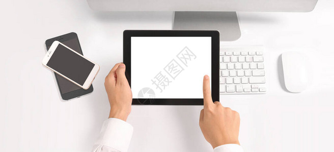 手拿着带有隔离屏幕的平板电脑触摸电脑小工具图片