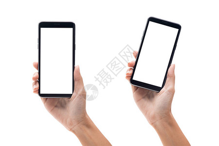 一群手握着黑智能手机的女士用空白屏幕在白色背景和剪切图片