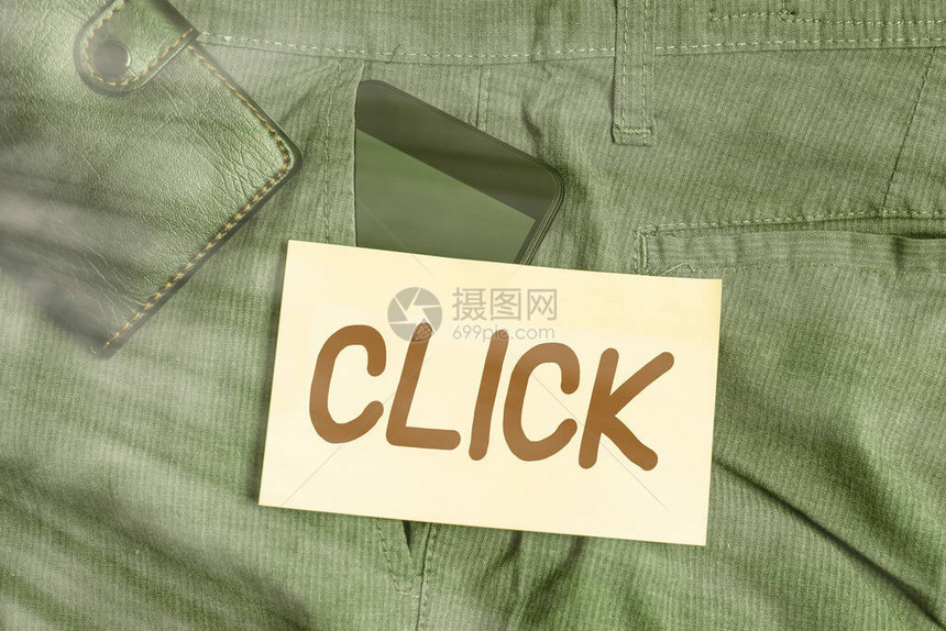文字书写文本单击商业照片展示在鼠标类似设备上按下钮的行为尖锐的短声智能手机设备在裤子前袋内图片