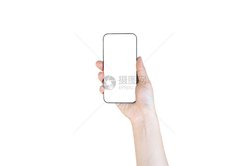 手持智能手机在白色背景与图片