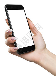 女手握黑色智能手机带背景图片