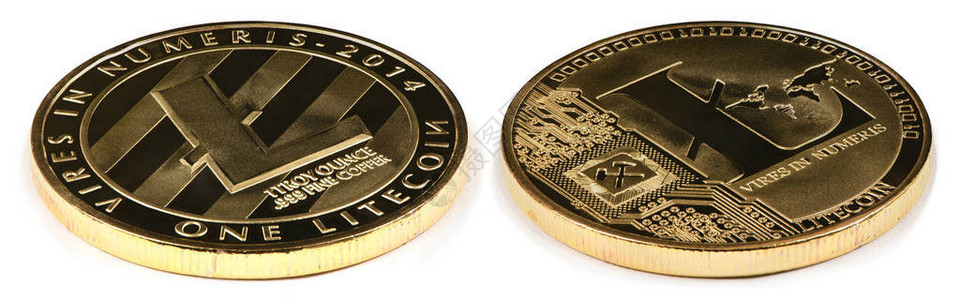 孤立在白色背景上的金色莱特币显示了正面和背面高分辨率照片有两个剪切图片