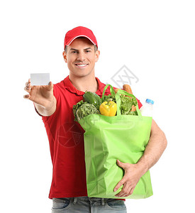 送货员袋子里有食物和白色背景的图片