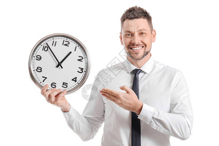时钟在白背景上的商人时间管理图片