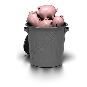 灰色垃圾桶内有许多猪头银行图像在白色背图片