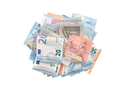 堆栈的欧元纸币孤立在白色背景图片