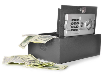 现代保险箱白色背景上的美元钞票图片
