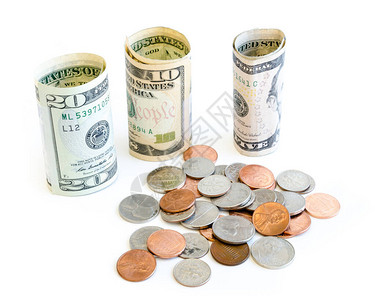 小面额美元纸币和硬币孤立在白色背景上小费现金奖励的概念货币商图片