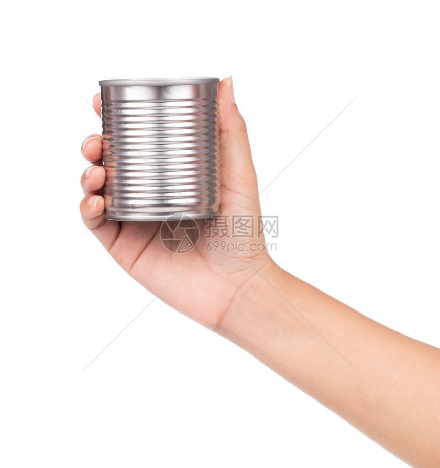 手握铝罐头食品白图片