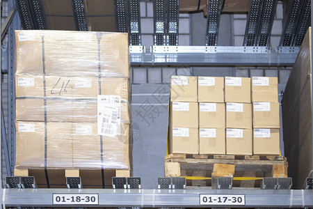 仓库货架上的大托盘上的货物箱仓库中的货物商店中产品存储的组织图片