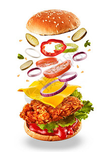 带有飞行成分的汉堡食品悬浮概念美味的怪物汉堡芝士汉堡爆炸概念飞行成分图片