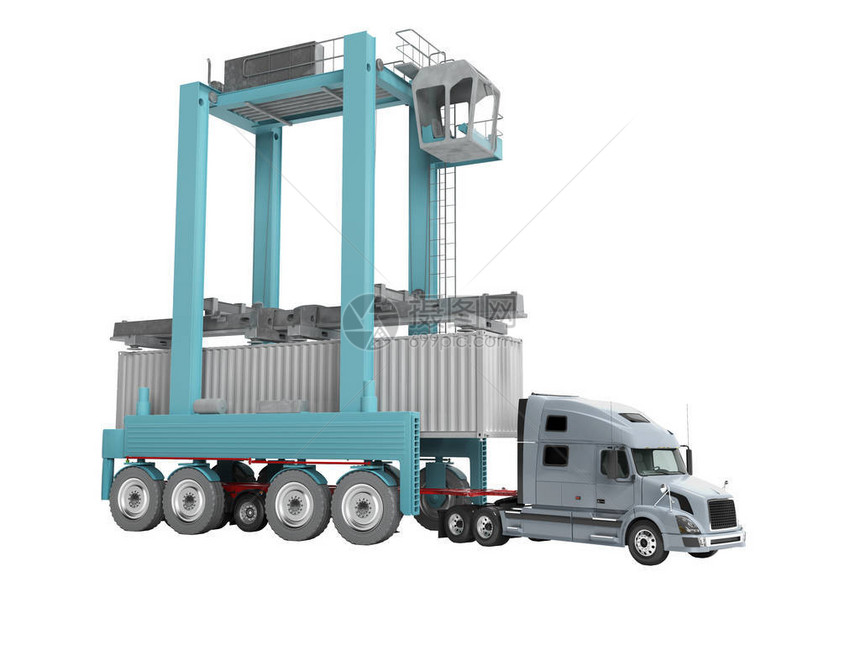 3d型卡车上装载有蓝色起重机的货集装箱概念使白色图片