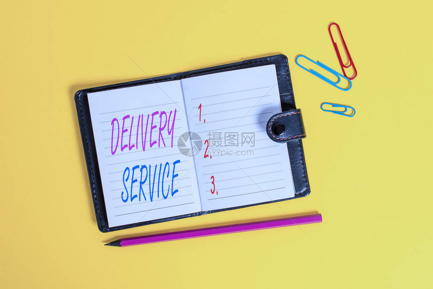 概念手写显示交付服务概念意味着向客户提供送货服务的行为深色皮革锁定日记条纹表图片