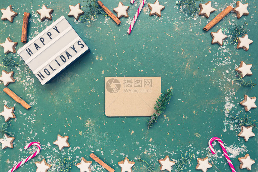 节日圣诞作文空贺卡针叶树糖果手杖饼干和灯箱图片