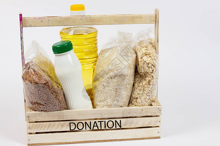 捐款捐款箱食物捐赠概念与食物捐赠的篮图片