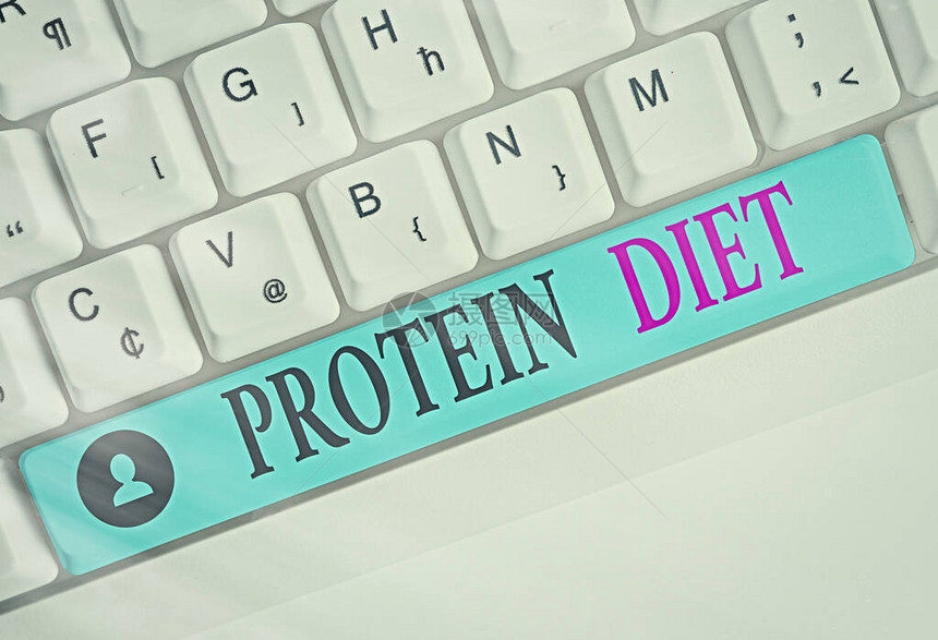 显示蛋白质饮食的书写笔记高蛋白食品饮食计划消费的商业概念彩色键盘图片