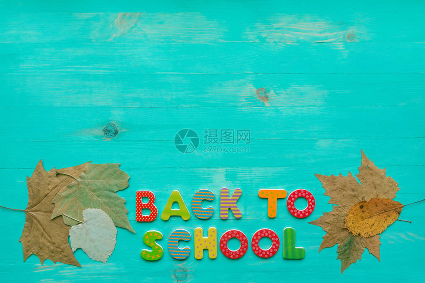 回到学校的概念平躺的木制绿松石背景与彩色字母和秋季干叶的文字复制空间学校教育和9月图片