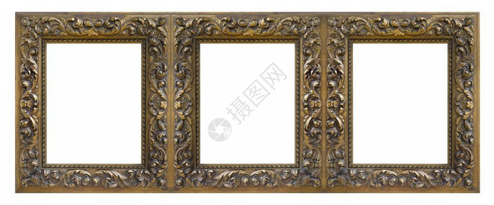 蒙版素材白色背景上孤立的绘画镜子或照片的三金框triptych带有剪切路背景