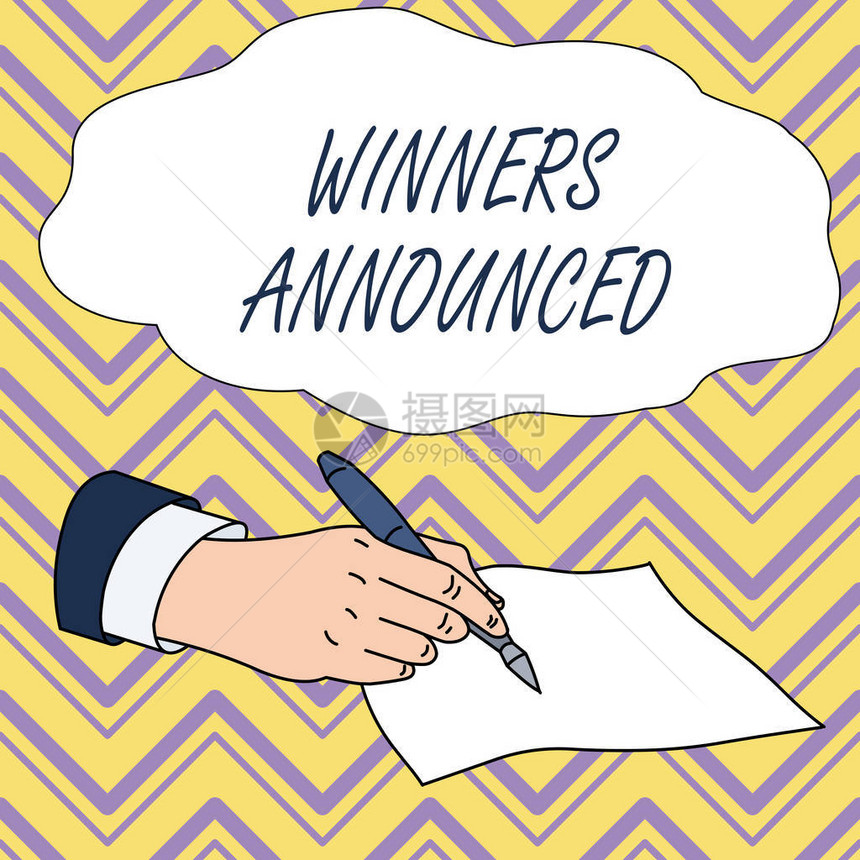 概念手写显示获奖者宣布概念意义宣布谁赢得比赛或任何比赛男手正装手图片