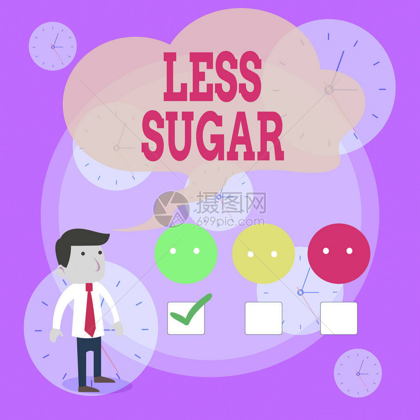 显示少糖的书写笔记在我们吃的任何食物或饮料中减少甜味的商业概念白色问卷调查选图片