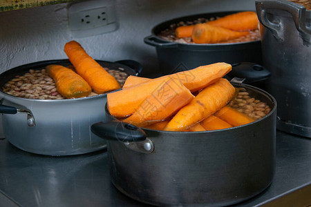 胡萝卜豆和类豆类和胡萝卜粒在水中棕豆质地哥伦比亚菜图片