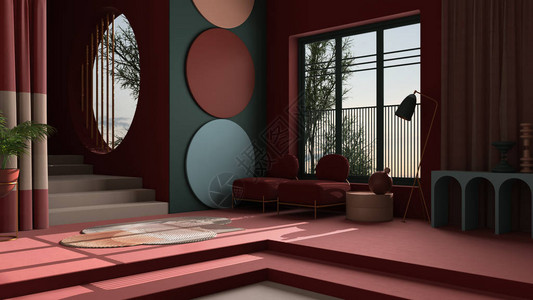 古典空间中平面的柔和色彩和形而上学抽象对混凝土楼梯和红墙扶手椅和盆栽植物地毯和灯背景图片