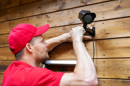 在木制房屋墙上安装监视摄像机的保安系统技图片
