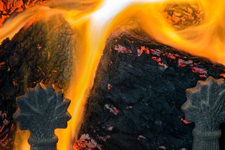 在烤箱中燃烧的木制锯灰煤图片