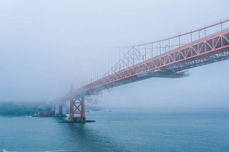 层林浸染金门大桥在雾天穿梭背景
