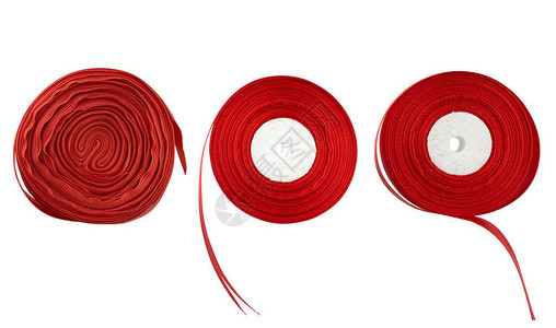 3个丝绸红色丝带的圆圈在白色背景上隔离图片