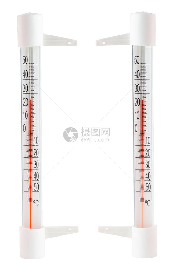 由两套苏维埃室外红汞窗白色背景隔离的温度计组成的一套图片