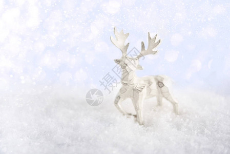 圣诞贺卡雪地上的木鹿在散焦背景下图片