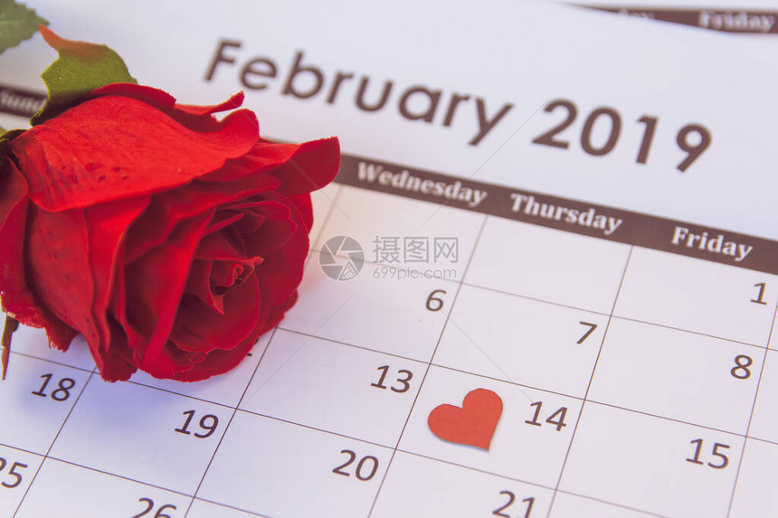 红色玫瑰红心在2月14日的历页面上图片